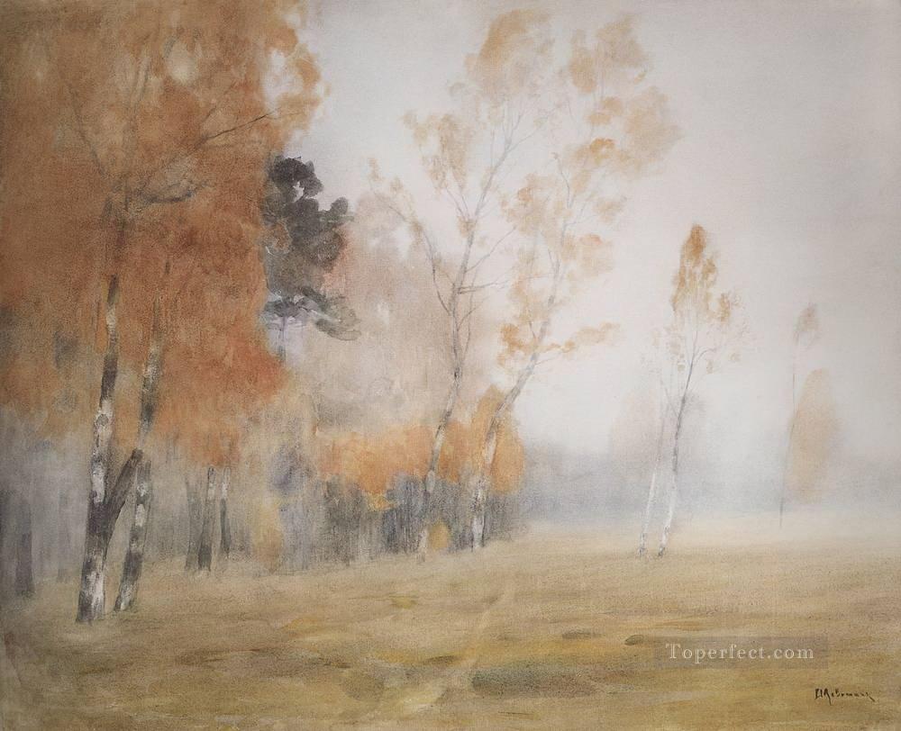 霧の秋 1899年アイザック・レヴィタンの森の木々の風景油絵
